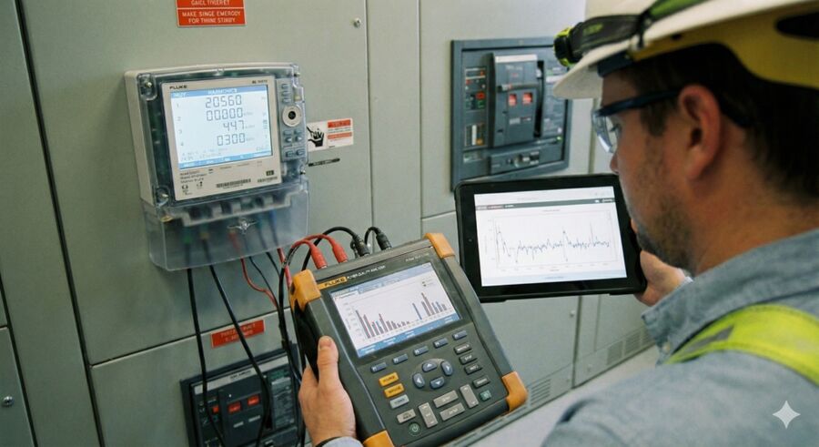 Analisador de qualidade de energia instalado em quadro elétrico